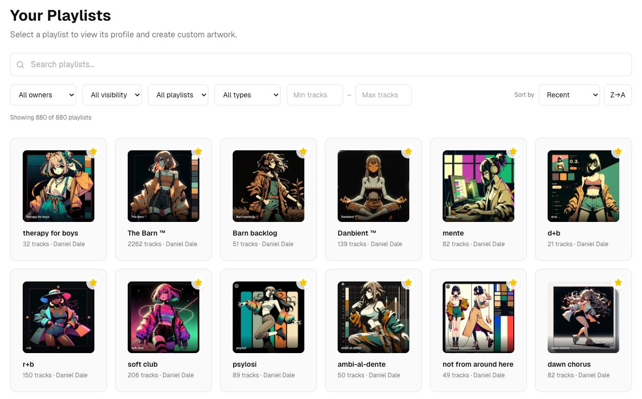Dashboard showing playlist grid with search, filters, and sorting