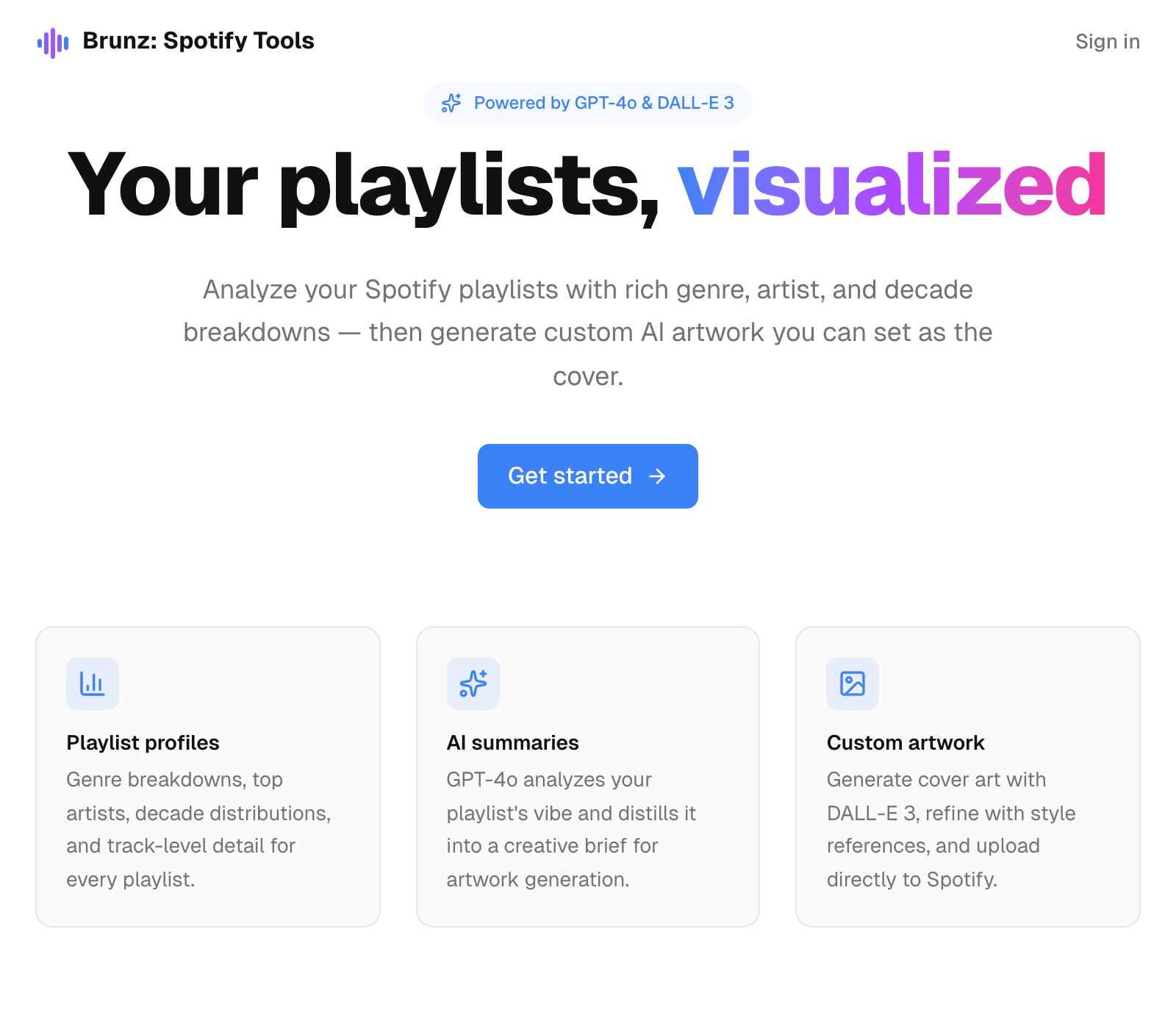 Landing page — clean light-mode hero with feature cards