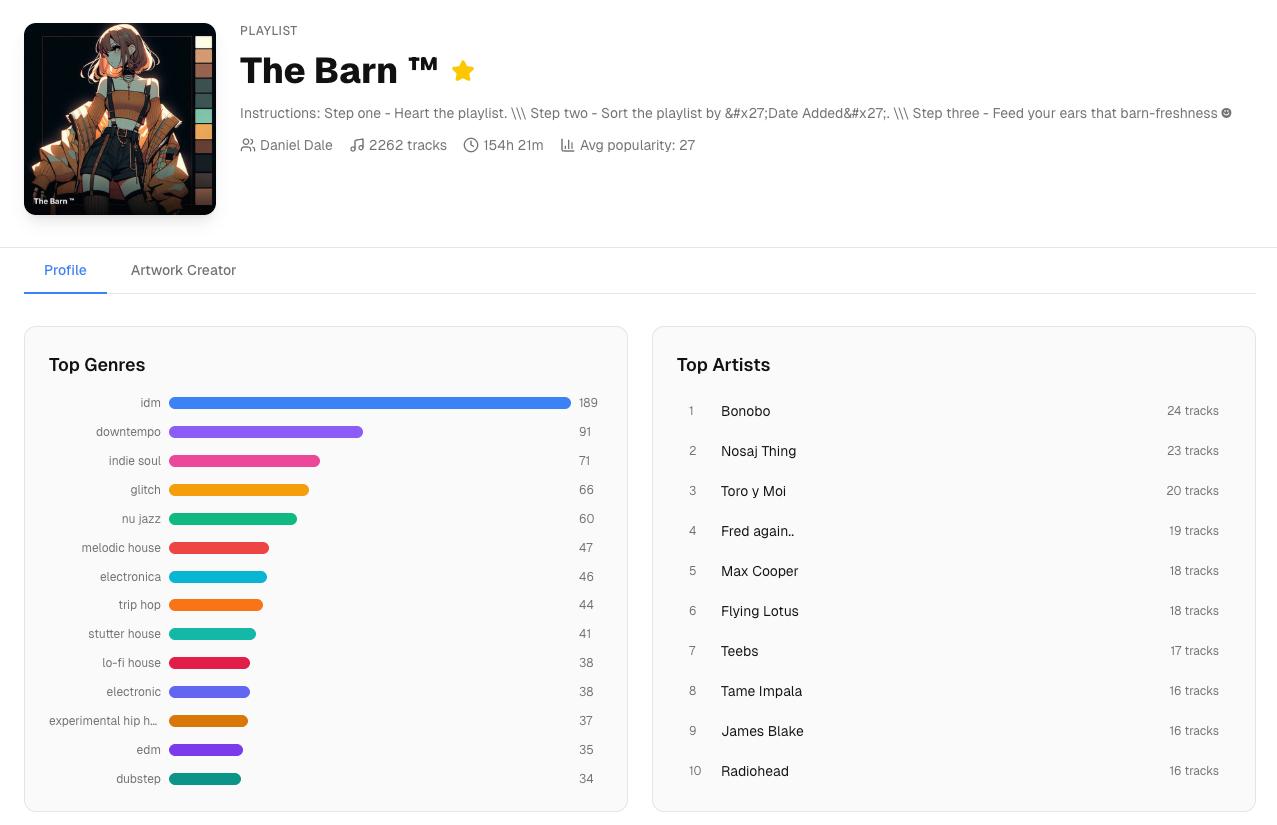 Playlist profile with genre bars, top artists, decade donut chart, and track list