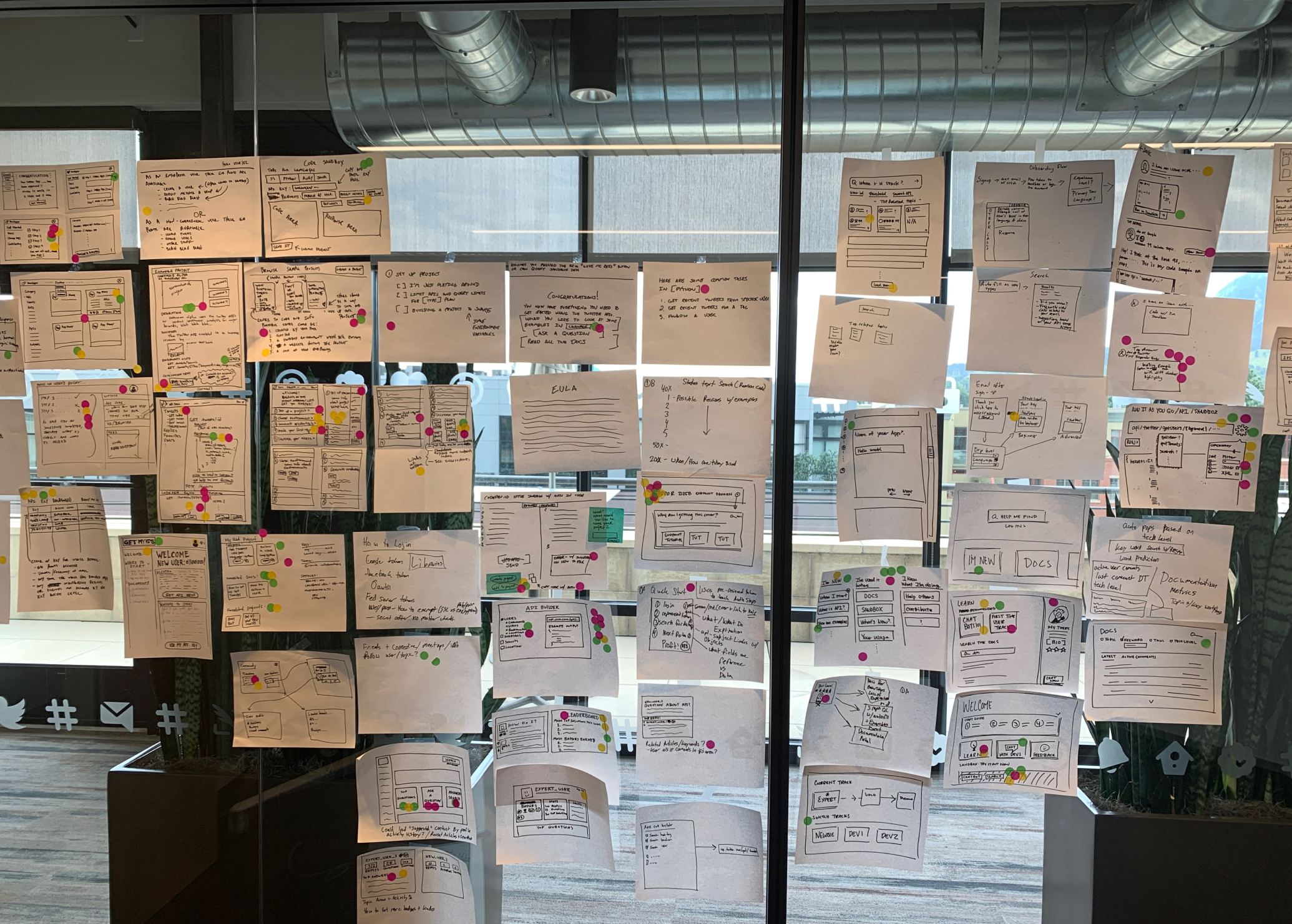 IA planning — wireframes and sitemap sketches covering the war room glass wall at Twitter HQ
