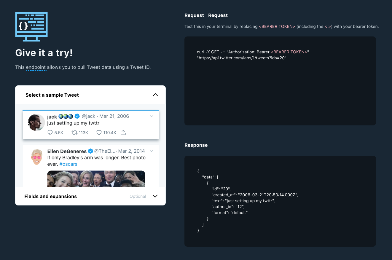 Interactive API explorer — sample tweets with live request/response previews