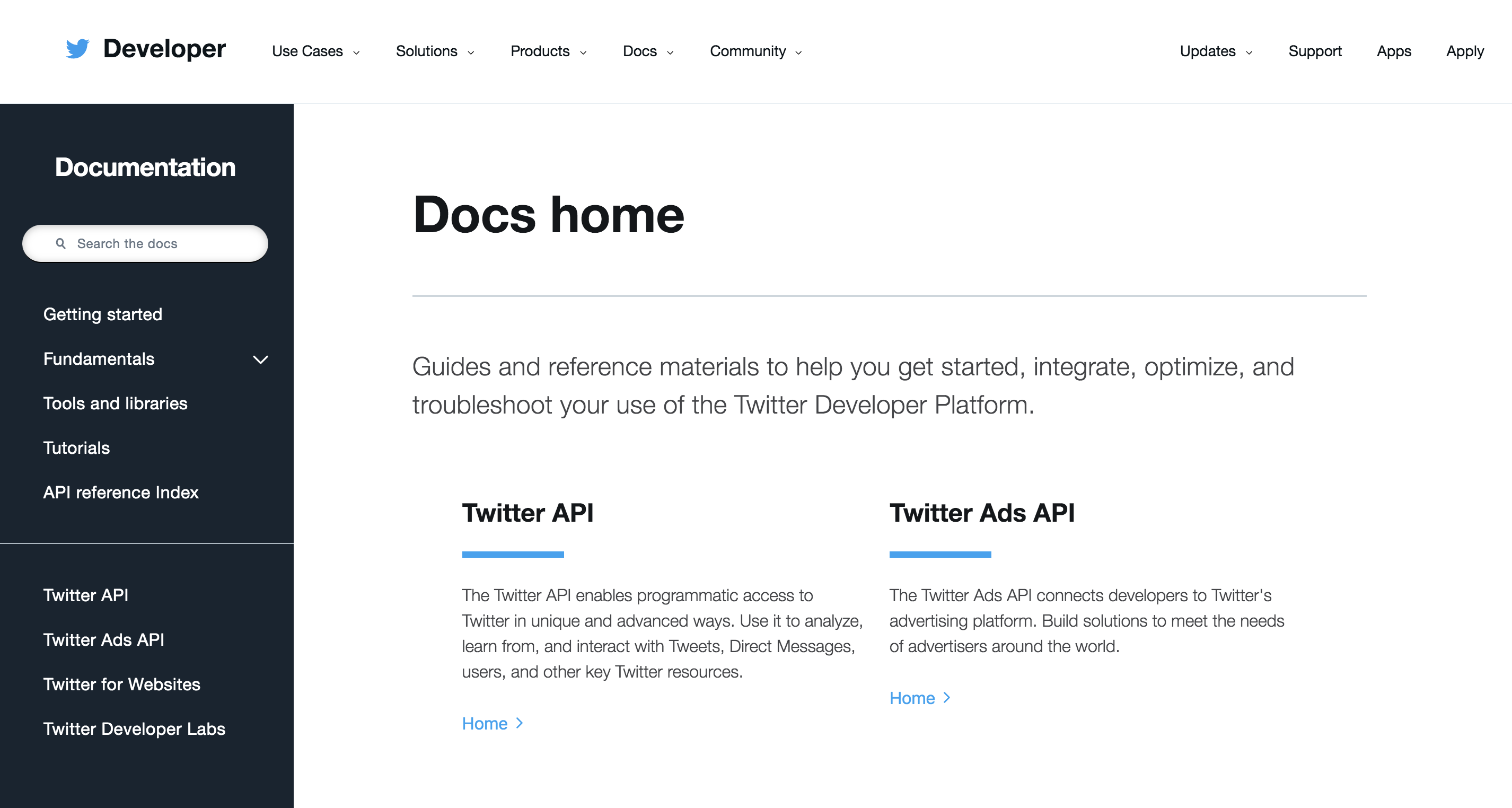 The redesigned docs homepage — new sidebar navigation, API-based organization, and landing pages
