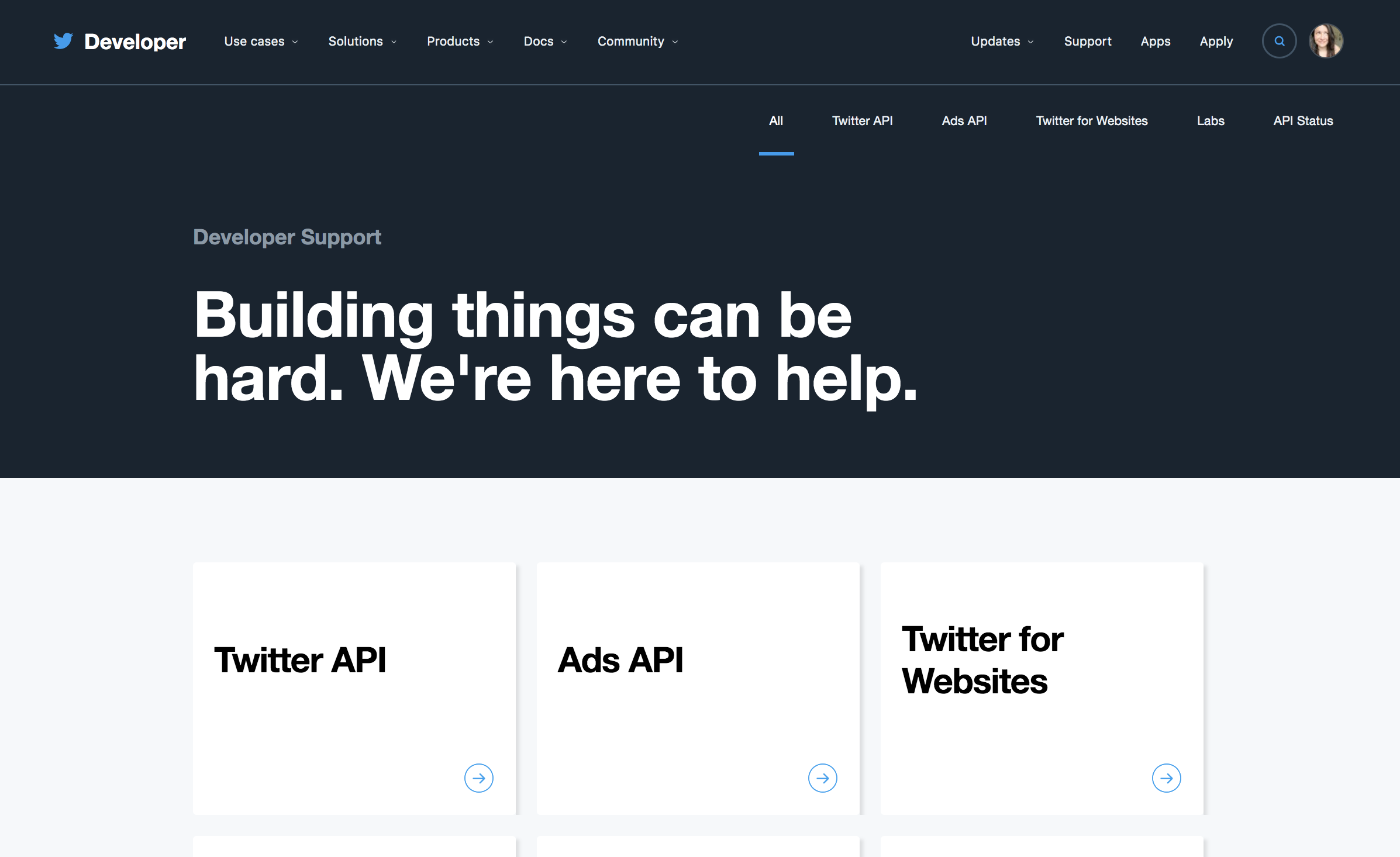 The new developer support hub — organized by API with clear entry points