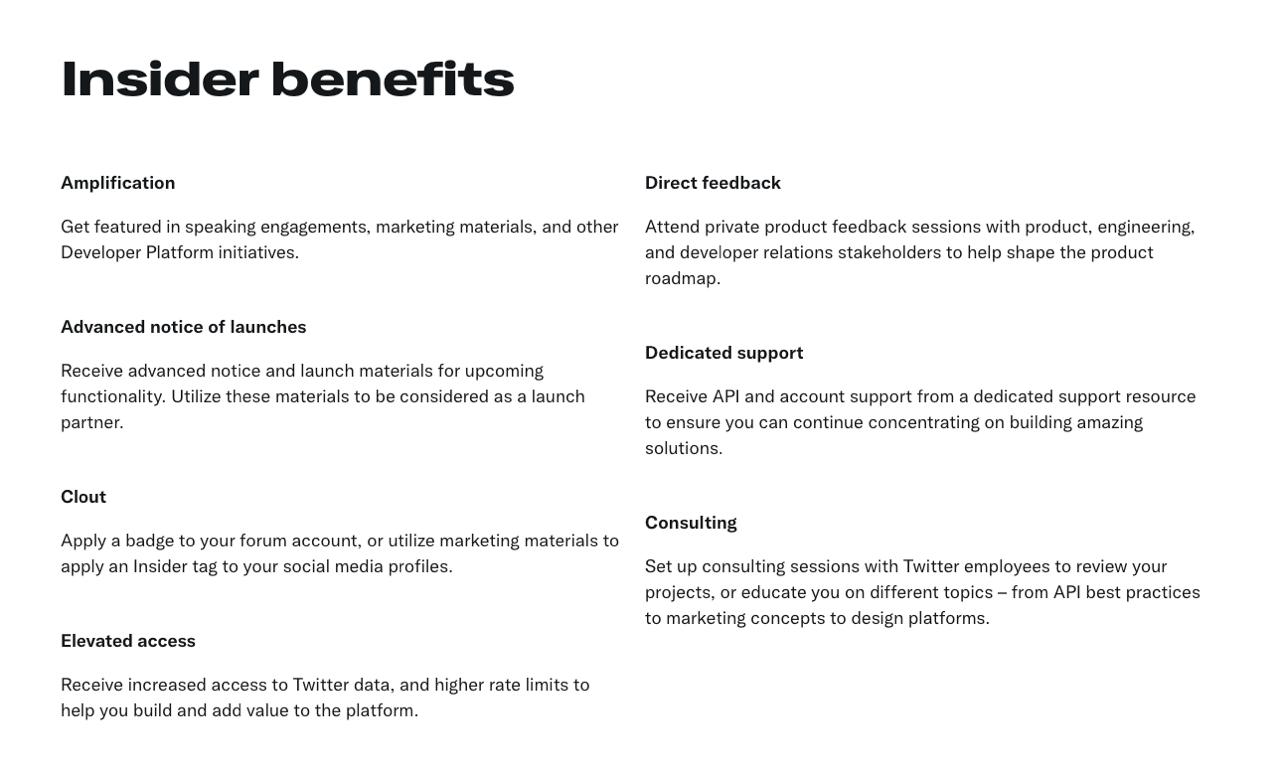 Insider benefits — amplification, early access, direct feedback sessions, elevated access, and consulting