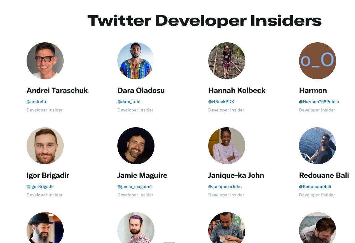 Twitter Developer Insiders — the headshots grid from the public-facing community page