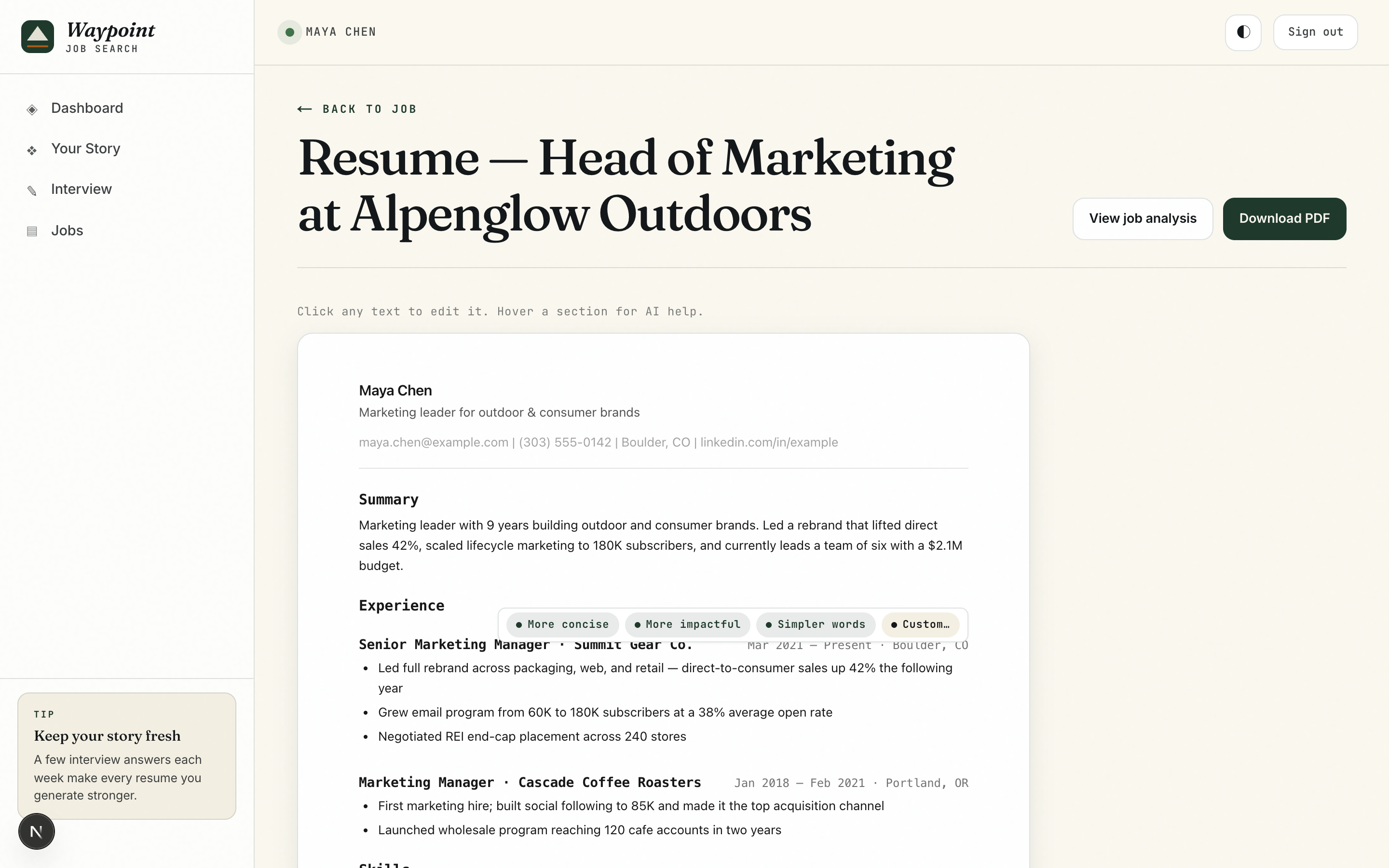 The resume editor — click any text to edit, hover a section for AI rewrite assists